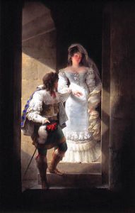 Isabey: Couple dans l'escalier de la tourelle du château d'Harcourt